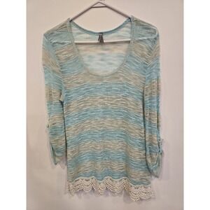 Women's Sheer Knit Top Blue Cream Stripe Crochet Lace Hem Long Sleeve‎ Size S